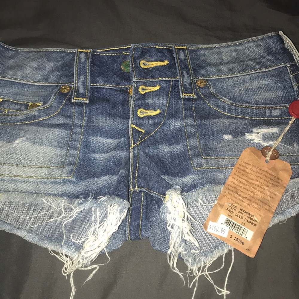 Cut off fringed Tru Religion Denim Shorts